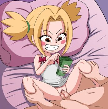1boy 1girl bed_sheet blonde_hair blush brown_eyes counting_money grabbing_another's_leg grin hetero legs_apart loli lying money naruto_(series) on_back on_bed penis pillow pussy sex smile solo_focus spread_legs tsunade_(naruto) twintails vaginal veins veiny_penis