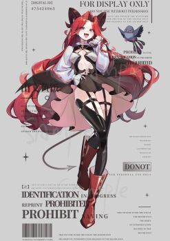 1girl absurdres animal barcode bird black_bird black_dress black_horns black_pantyhose boots breasts brown_thighhighs center_opening chinese_commentary clothing_cutout commentary_request commission curled_horns demon_girl demon_horns demon_tail dot_nose dress eyelashes eyes_visible_through_hair fang frilled_dress frills full_body grey_background grey_tail hand_on_own_hip hand_on_own_shoulder happy highres horns knee_up latex_pantyhose layered_legwear light_blush long_hair long_sleeves looking_at_viewer mismatched_thighhighs open_mouth original pantyhose pleated_dress puffy_long_sleeves puffy_sleeves purple_eyes red_boots red_hair ribbed_pantyhose sample_watermark shanwenyufan short_dress simple_background skin_fang small_breasts smile solo standing tachi-e tail thigh_cutout thighhighs too_many_watermarks two-tone_dress very_long_hair watermark wavy_hair white_dress white_thighhighs