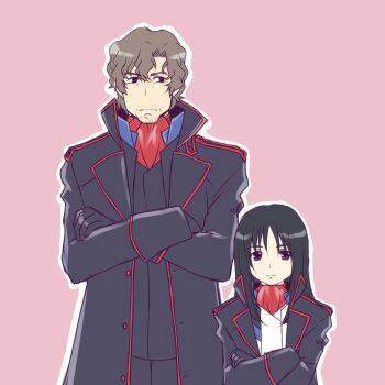 Rule 34 | 10s, 1boy, 1girl, black eyes, black gloves, black hair, brown hair, crossed arms, facial hair, frown, gloves, height difference, long coat, long hair, long sleeves, makabe fumihiko, minashiro orihime, outline, scar, short hair, simple background, soukyuu no fafner, stubble, takenoko (flamingo garden), uniform