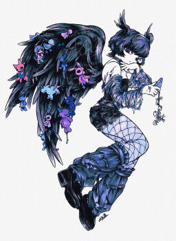 1girl analogous_colors angel black_hair blue_eyes cellphone_charm charm_(object) choker commentary_request doll expressionless feathered_wings fish_skeleton fishnet_pantyhose fishnets from_side hand_on_own_face head_wings heterochromia holding holding_phone leg_warmers limited_palette looking_to_the_side marker_(medium) multicolored_eyes off_shoulder original pantyhose phone pink_eyes shoes short_hair solo stuffed_animal stuffed_toy teruterubouzu torn_clothes traditional_media wings wolf_cut yamakita_higashi