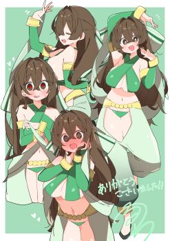 Rule 34 | 1girl, :d, @ @, absurdres, baggy pants, belly chain, blush, border, bracelet, breasts, bright pupils, brown eyes, brown hair, cleavage, commentary, commission, cowboy shot, criss-cross halter, crossed bangs, crotchless, crotchless pants, dancing, detached sleeves, full-face blush, full body, green background, green panties, green sleeves, green theme, hair between eyes, halterneck, hands on own cheeks, hands on own face, heart, heart in eye, highres, jewelry, large breasts, long hair, looking at viewer, multiple views, no nose, open mouth, original, outside border, panties, pants, signature, simple background, skeb commission, smile, symbol in eye, thank you, underwear, uruti 2388, white border, white pupils