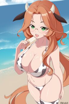 1girl absurdres alicja_da_lontano animal_ears animal_print beach bikini breasts brown_hair cleavage cloud commentary cow_ears cow_girl cow_horns cow_print cow_print_bikini cow_print_thighhighs english_commentary food glasses globie green_eyes highres holding holding_food holding_popsicle horns long_hair melting_popsicle mole mole_under_eye navel ocean open_mouth popsicle print_bikini print_thighhighs round_eyewear solo swimsuit thighhighs tongue twitter_username virtual_youtuber white_horns wriskelis
