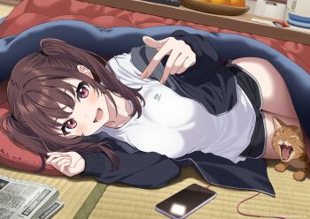 1girl :d animal black_jacket black_shorts brown_hair cat cellphone dolphin_shorts highres jacket long_hair newspaper open_clothes open_jacket open_mouth original phone red_eyes shirt shorts siokazunoko smile solo twintails white_shirt