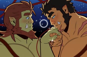 2boys bara beard blush couple ear_blush facial_hair forked_eyebrows full_beard glint green_eyes grunt_(onlytusks) highres kiss kissing_hand large_pectorals male_focus mature_male medium_hair monster_boy multiple_boys muscular muscular_male mutton_chops no_headwear nude onlytusks orc original pectorals pointy_ears profile scar scar_on_chin scar_on_face short_hair string string_around_finger string_of_fate thick_beard thick_eyebrows tusks upper_body yaoi zorg_(onlytusks)