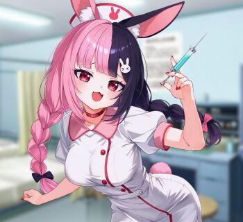 1girl 4kimizuki animal_ear_fluff animal_ears black_hair blurry blurry_background blush braid breasts choker collared_dress commentary cowboy_shot dress english_commentary fang fingernails hat holding holding_syringe indie_virtual_youtuber indoors large_breasts leaning_forward long_hair looking_at_viewer marshie_(vtuber) multicolored_hair nail_polish nurse nurse_cap open_mouth pink_hair rabbit_ears rabbit_girl raised_inner_eyebrows red_choker red_eyes red_nails second-party_source short_sleeves skin_fang solo split-color_hair syringe twin_braids two-tone_hair virtual_youtuber white_dress white_hat