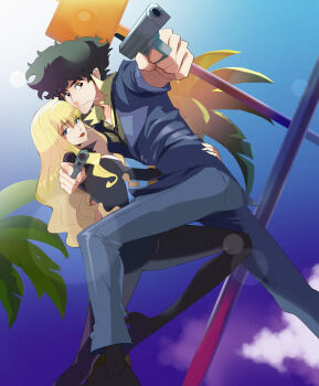 Rule 34 | absurdres, blonde hair, blue eyes, brown eyes, catsuit, cigarette, couple, cowboy bebop, curly hair, green hair, gun, highres, hug, julia (cowboy bebop), leather, spike spiegel, weapon