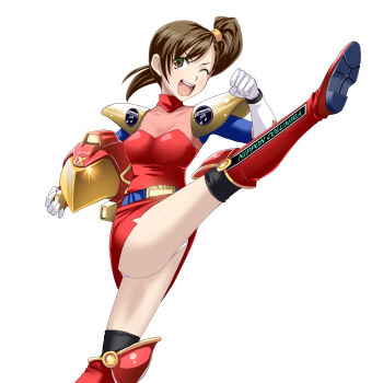 armor belt black_thighhighs blue_belt blue_sleeves boots breasts brown_eyes brown_hair cleavage cosplay dress futami_mami gloves helmet high_kick highres ichimedoo idol idolmaster idolmaster_xenoglossia kanda_momo kanda_momo_(cosplay) kicking knee_boots leg_armor logo long_hair medium_breasts nippon_columbia one_eye_closed panties panty_peek pauldrons red_dress see-through_clothes shoulder_armor side_ponytail side_slit simple_background smile thighhighs underwear upskirt white_background white_gloves white_panties wonder_momo