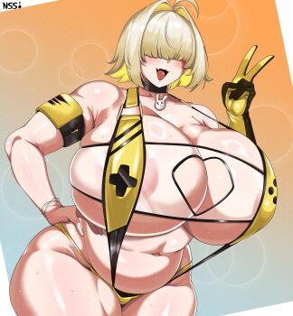 Rule 34 | 1girl, absurdres, ahoge, areola slip, armband, bikini, bikini bottom only, black choker, blonde hair, blush, breasts, choker, cleavage, cleavage cutout, clothing cutout, covered eyes, elegg (boom and shock) (nikke), elegg (nikke), fang, gigantic breasts, gloves, goddess of victory: nikke, hair intakes, hair over eyes, hand on own hip, heart cutout, hidden eyes, highres, large areolae, navel, open mouth, orange background, plump, rabbit ornament, short hair, single glove, slingshot swimsuit, smile, solo, standing, sweat, swimsuit, thick thighs, thighs, underboob, v, wirberlwind, wristband, yellow bikini, yellow gloves, yellow slingshot swimsuit