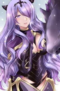 between_breasts breasts camilla_(fire_emblem) cleavage corrinforever dragon fire_emblem fire_emblem_fates hair_over_one_eye hand_on_own_chest large_breasts long_hair nintendo one_eye_covered panties purple_eyes purple_hair simple_background strap_between_breasts tiara underwear wavy_hair wyvern