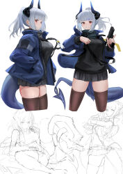 Rule 34 | 1girl, absurdres, arknights, black horns, black skirt, black sweater, blue horns, blue jacket, blue tail, brown thighhighs, clenched teeth, closed mouth, commentary, cropped legs, dragon girl, dragon horns, dragon tail, grey hair, gun, handgun, hands in pockets, hands up, highres, holding, holding gun, holding weapon, horns, jacket, lanyard, liskarm (arknights), long sleeves, looking at viewer, miniskirt, multiple views, open clothes, open jacket, pleated skirt, ponytail, profile, red eyes, short hair, simple background, sketch, skirt, standing, sthk, strap, sweatdrop, sweater, tail, teeth, thighhighs, trigger discipline, turtleneck, turtleneck sweater, unfinished, weapon, white background