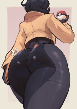 1girl ass ass_focus back black_bodysuit black_hair bodysuit bodysuit_under_clothes brown_jacket commentary dark-skinned_female dark_skin emma_(pokemon) english_commentary from_behind gloves highres holding holding_poke_ball huge_ass jacket nintendo poke_ball poke_ball_(basic) pokemon pokemon_legends:_z-a sagaandersart short_hair thick_thighs thighs