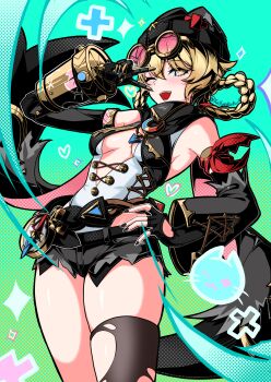 1girl absurdres bandana bandana_around_arm beanie black_hat black_nails black_scarf black_shorts blonde_hair braid braided_hair_rings breasts center_opening commentary_request detached_sleeves fingerless_gloves genshin_impact gloves goggles goggles_on_head hair_between_eyes hair_rings hand_on_own_hip hat highres jahoda_(genshin_impact) leotard looking_at_viewer mechanical_arms medium_breasts nail_polish one_eye_closed open_mouth prosthesis prosthetic_arm red_bandana scarf shorts single_detached_sleeve single_glove single_mechanical_arm single_thighhigh smile solo star-shaped_pupils star_(symbol) symbol-shaped_pupils thighhighs tinted_eyewear torn_clothes torn_shorts torn_thighhighs v white_leotard yellow_eyes yuito_(yuitokobunasbs0)