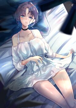 1girl ahoge airi_rei asakura_toru bed_sheet black_choker blush choker collarbone commentary_request dress earrings feet_out_of_frame from_above gradient_hair highres idolmaster idolmaster_shiny_colors jewelry looking_at_viewer lying multicolored_hair off-shoulder_dress off_shoulder official_alternate_costume on_back pillow purple_dress short_hair solo thighs white_dress