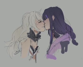 2girls asmoday_(genshin_impact) bare_shoulders black_fur blunt_bangs breasts cleavage commentary couple dykechuuya english_commentary from_side fur_trim genshin_impact grey_background hair_between_eyes imminent_kiss incoming_kiss japanese_clothes kimono leaning_forward long_hair looking_at_another looking_down looking_up multicolored_hair multiple_girls orange_eyes parted_lips purple_eyes purple_hair purple_kimono raiden_shogun shade side_ahoge simple_background sketch streaked_hair teeth upper_body wavy_hair white_hair yuri