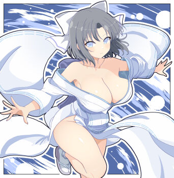 Rule 34 | 1girl, blue background, blue eyes, blush, bow, breasts, closed mouth, commentary request, daiichi (k daiiti), grey hair, hair bow, highres, japanese clothes, kimono, large breasts, looking at viewer, sandals, senran kagura, short hair, smile, solo, white bow, white kimono, yumi (senran kagura)