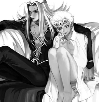 2boys ass bite_mark bite_mark_on_ass braid commentary_request earrings giorno_giovanna hat hickey indoors jewelry jojo_no_kimyou_na_bouken leone_abbacchio lipstick long_hair long_sleeves makeup male_focus monochrome multiple_boys naked_shirt pants scratches shirt sitting smeared_lipstick v-neck vento_aureo yaoi zakki