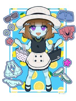 Rule 34 | 1girl, :d, alt text, aqua bikini, aqua shoes, aqua skin, artist name, bag, bead bracelet, beads, bikini, black bra, black shirt, black shoes, black trim, blue background, blue shorts, blunt bangs, bra, bracelet, brown hair, chibi, colored skin, commentary request, dragon quest, dragon quest x, fins, fish girl, flower, food, food print, frilled bikini, frills, front-tie top, fruit, fruit print, hat, head fins, hibiscus, high heels, highres, jewelry, lemon, lemon print, lemon slice, looking up, medium hair, necklace, nikon (user aznh7528), open mouth, pink flower, purple eyes, red flower, red shirt, shirt, shoes, shopping bag, shorts, skirt, sleeveless, sleeveless shirt, smile, solo, sunglasses, swimsuit, underwear, unworn bikini, unworn bra, unworn bracelet, unworn eyewear, unworn shirt, unworn shorts, weddie (dq10), white background, white hat, white skirt