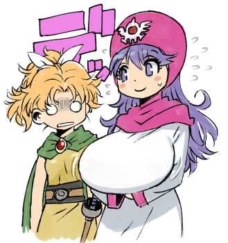 2girls belt blonde_hair blush breasts brooch brown_belt cape dragon_quest dragon_quest_ii dress flying_sweatdrops gem green_cape hair_ribbon hood huge_breasts jewelry long_hair long_sleeves looking_at_another looking_at_breasts multiple_girls muramasa_mikado o_o pink_hood ponytail princess_of_moonbrook princess_of_samantoria purple_eyes purple_hair red_gemstone ribbon saber_(weapon) small_breasts smile square_enix standing surprised sweat sword weapon white_background white_dress white_ribbon yellow_dress