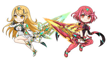 2girls aegis_sword_(xenoblade) bare_shoulders blonde_hair bob_cut breasts chest_jewel chibi cleavage_cutout clothing_cutout commentary core_crystal_(xenoblade) deformed earrings elbow_gloves feichu_keju gem gloves headpiece highres jewelry large_breasts long_hair multiple_girls mythra_(xenoblade) nintendo pyra_(xenoblade) red_eyes red_hair short_hair simple_background smile swept_bangs tiara weapon white_background xenoblade_chronicles_(series) xenoblade_chronicles_2 yellow_eyes
