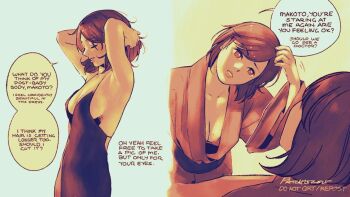 1girl armpits arms_up artist_name babydoll bare_arms breasts brown_eyes brown_hair cleavage closed_eyes collarbone commentary cowboy_shot dress english_commentary english_text flipped_hair from_side hands_in_own_hair japanese_clothes kimono leaning_forward medium_breasts medium_hair mole mole_on_breast motion_lines multiple_views paaaatchieee parted_lips persona persona_3 sash sepia sideboob signature sleeveless sleeveless_dress speech_bubble takeba_yukari wide_sleeves yukata yuuki_makoto_(persona_3)