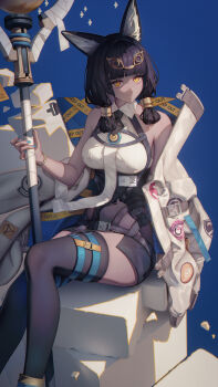 1girl absurdres animal_ears arknights binggong_asylum black_hair black_thighhighs blue_nails cat_ears cat_girl caution_tape collared_shirt dark-skinned_female dark_skin expressionless framed_breasts highres holding holding_staff jacket keep_out looking_at_viewer metal_hair_tubes oversized_jacket purple_background shirt sitting sleeve_belt solo staff thigh_strap thighhighs titi_(arknights) white_jacket white_shirt