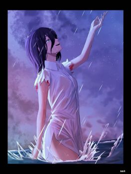 1girl arm_up black_hair blood blood_on_clothes chainsaw_man collared_shirt cowboy_shot from_side green_eyes highres mccheese medium_hair parted_lips profile rain reze_(chainsaw_man) sanpaku shirt sky solo torn_clothes torn_shirt wading water wet wet_clothes wet_shirt white_shirt