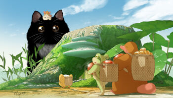 baby_animal basket bird cat chick day food frog fruit hachiya_shohei highres holding holding_food holding_fruit mole_(animal) moss no_humans original outdoors plant scenery walking