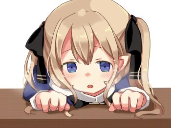 1girl ariel_(oukoku_no_shugo_tenshi) black_bow blue_dress blue_eyes blush bow breath brown_hair desk dress game_cg hair_between_eyes hikaru_(sgst) juliet_sleeves long_hair long_sleeves lying non-web_source on_desk on_stomach open_mouth oukoku_no_shugo_tenshi pointy_ears portrait puffy_sleeves sidelocks simple_background sitting solo tareme transparent_background twintails variant_set