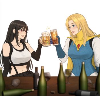 Rule 34 | 2girls, alcohol, azezazel, bare shoulders, beer mug, black gloves, black hair, black skirt, black sports bra, blonde blazer, blonde hair, blue eyes, blue gloves, blue leotard, blurry, blurry foreground, blush, bottle, breasts, cape, collarbone, commentary, crop top, crossover, cup, dispatch, elbow gloves, english commentary, final fantasy, final fantasy vii, final fantasy vii remake, fingerless gloves, gloves, hair between eyes, holding, holding cup, large breasts, leotard, lips, long hair, looking at another, midriff, mug, multiple girls, navel, parted bangs, parted lips, pink lips, red eyes, signature, skirt, smile, sports bra, superhero costume, suspender skirt, suspenders, table, tank top, tifa lockhart, toasting (gesture), twitter username, upper body, white background, white tank top, yellow cape