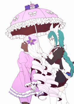 2girls apron braid dark-skinned_female dark_skin dress feet_out_of_frame flower gguck gloves green_eyes hair_flower hair_ornament highres holding holding_umbrella jacinthe_(pokemon) lebanne_(pokemon) long_hair maid maid_apron maid_headdress multiple_girls nintendo pokemon pokemon_legends:_z-a purple_dress purple_hair simple_background single_braid standing umbrella very_dark_skin white_background white_gloves yellow_eyes