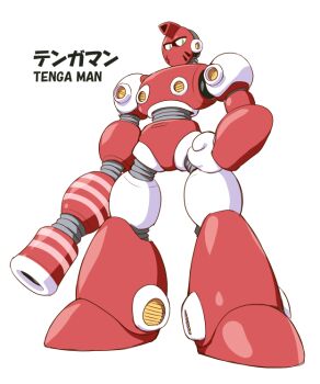 1boy 2025 armor artificial_vagina character_name clenched_hand commentary dildo full_body japanese_text joints kaneda_mitsuko looking_at_viewer male_focus mask mega_man:_dual_override mega_man_(classic) mmdo_design_contest original red_armor robot robot_joints sex_toy simple_background solo standing tenga white_background yellow_eyes