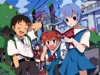 Rule 34 | 2boys, 4girls, akanbe, angel (evangelion), arm behind head, ayanami rei, bendedede, bird, blue hair, blush, book, closed eyes, earphones, eva 01, evangelion (mecha), eyelid pull, hand on own hip, happy, highres, holding, holding book, ikari shinji, interface headset (evangelion), jacket, katsuragi misato, kirishima mana, looking at another, mecha, metal knuckles, multiple boys, multiple girls, nagisa kaworu, neon genesis evangelion, orange hair, outdoors, penguin, penpen, ramiel (evangelion), reading, red eyes, red jacket, robot, scenery, school uniform, science fiction, short hair, skirt, sonic (series), star (symbol), suspender skirt, suspenders, sweatdrop, tokyo-3 middle school uniform, tongue, tongue out, translation request, tree