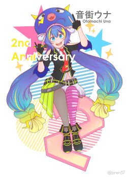 1girl absurdly_long_hair absurdres ahoge artist_name black_boots black_gloves blonde_hair blue_eyes blue_hair blush boots braid character_name double_v female_focus full_body gloves grey_pantyhose highres holding holding_microphone long_hair low-braided_long_hair low-tied_long_hair microphone multicolored_legwear navel open_mouth otomachi_una otomachi_una_(spicy) pantyhose partially_fingerless_gloves pink_pantyhose smile solo twintails twitter_username v very_long_hair vocaloid ziren