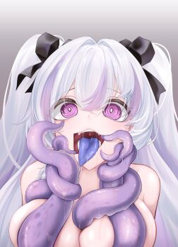 1girl absurdres adventure_(azur_lane) azur_lane black_ribbon blue_hair blue_tongue breasts colored_tongue hair_ribbon hands_up highres large_breasts long_hair looking_at_viewer mouth_hold multicolored_hair open_mouth purple_eyes purple_hair purple_streaks ribbon saliva saliva_trail shiyoru solo streaked_hair tentacle_arm tentacle_between_breasts tongue tongue_out two_side_up upper_body