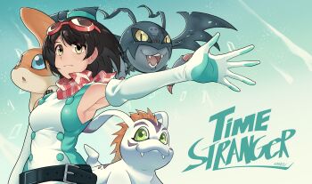 1girl absurdres armpits bare_shoulders bat_(animal) black_hair breasts copyright_name cowboy_shot digimon digimon_(creature) digimon_story:_time_stranger dress elbow_gloves fangs gloves goggles goggles_on_head gomamon green_background green_dress green_hat group_picture hat highres medium_breasts mohawk nanbouo patamon picodevimon red_hair red_scarf scarf seal_(animal) short_hair simple_background two-tone_dress white_dress white_gloves yellow_eyes yuuki_kanan