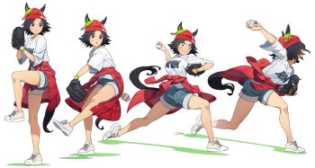 animal_ears ball bandaid bandaid_on_cheek bandaid_on_face baseball baseball_(object) baseball_glove beanie black_hair blush bracelet breasts closed_mouth clothes_around_waist commentary_request denim denim_shorts ears_through_headwear full_body hat highres horse_ears horse_girl horse_tail jacket jacket_around_waist jewelry medium_breasts nishiki_kazue open_mouth pitching red_eyes red_hat red_jacket shirt shirt_around_waist shoes short_hair short_sleeves shorts smile sneakers standing standing_on_one_leg tail throwing umamusume white_shirt winning_ticket_(casual)_(umamusume) winning_ticket_(umamusume)