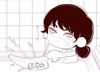 1girl bath bathing chainsaw_man chibi chibi_only closed_mouth deer60868637 facial_scar hair_bun holding holding_knife knife monochrome ringed_eyes scar scar_on_cheek scar_on_face scar_on_nose solo yoru_(chainsaw_man)