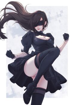 1girl 2b_(nier:automata) 2b_(nier:automata)_(cosplay) ass_peek black_boots black_dress black_gloves black_hair blindfold boots border breasts brown_hair cleavage cleavage_cutout clenched_hands closed_mouth clothing_cutout commentary cosplay dress earrings feather-trimmed_sleeves fighting_stance final_fantasy final_fantasy_vii final_fantasy_vii:_ever_crisis floating_hair foot_out_of_frame gloves high_heel_boots high_heels highres jewelry juliet_sleeves large_breasts leg_up leotard leotard_under_clothes lips long_hair long_sleeves mixmomo_yah nier:automata nier_(series) official_alternate_costume outside_border puffy_sleeves single_earring solo standing standing_on_one_leg swept_bangs thigh_boots thighhighs thighhighs_under_boots thighs tifa_lockhart tifa_lockhart_(battler_ensemble) turtleneck turtleneck_dress white_border