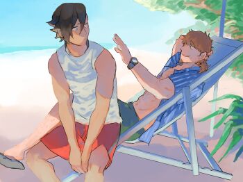 2boys arm_hair beach beach_chair black_hair blue_shirt brown_hair chest_hair facial_hair fate/grand_order fate_(series) goatee green_shorts hair_between_eyes hector_(fate) highres male_focus mandricardo_(fate) mature_male multiple_boys outdoors ponytail red_shorts shirt short_hair shorts sitting watch white_shirt wristwatch ymbk_(ymym_oh)