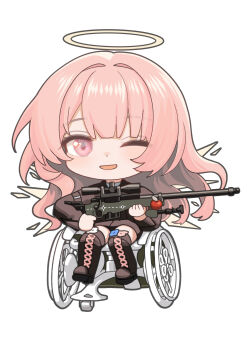 1girl absurdres arknights black_boots boots chibi detached_wings energy_wings gun halo highres holding holding_gun holding_weapon lemuen_(arknights) long_hair long_sleeves one_eye_closed open_mouth pink_eyes pink_hair rifle simple_background sitting smile sniper_rifle solo tachi-e thigh_boots traditional_halo weapon welt_(kinsei_koutenkyoku) wheelchair white_background wings yellow_halo