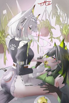 1girl 2girls absurdres animal_ear_fluff animal_ears apron arknights ass bare_shoulders black_dress black_gloves black_hair bow bowtie breasts cat_ears cat_girl closed_mouth colored_inner_hair commentary commentary_request crystal_horns desk dress embarrassed english_commentary feeding food gloves green_dress green_eyes green_hair green_streaks hand_on_another&#039;s_face hand_on_another&#039;s_thigh highres kal&#039;tsit_(arknights) kal&#039;tsit_(the_remains_of_time)_(arknights) large_breasts long_hair looking_at_another maid maid_apron maid_headdress mon3tr_(arknights) multicolored_hair multiple_girls off-shoulder_jacket off_shoulder official_alternate_costume on_desk open_mouth plant potted_plant sideboob signature sirtao sitting sleeves_past_wrists steam tail thick_thighs thighs torn_clothes two-tone_apron white_apron white_bow white_bowtie white_headdress yuri