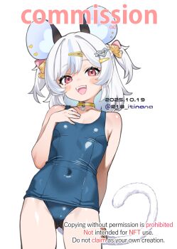1girl :d animal_ear_piercing animal_ears arm_behind_back blue_hair blue_one-piece_swimsuit cheese_hair_ornament choker collarbone commentary_request commission covered_navel cowboy_shot dated flat_chest food-themed_hair_ornament hair_ornament hairclip heart heart_hair_ornament highres indie_virtual_youtuber itinana looking_at_viewer medium_hair mouse_ears mouse_girl mouse_tail multicolored_hair nemimi_yane one-piece_swimsuit open_mouth pink_eyes school_swimsuit skeb_commission smile solo streaked_hair swimsuit tail teeth two-tone_hair two_side_up upper_teeth_only virtual_youtuber white_background white_hair yellow_choker