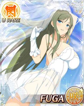 1girl arms_up backless_outfit blue_eyes blush border breasts bridal_veil bride card_(medium) character_name cleavage dress english_text fuga_(senran_kagura) game_cg gloves green_hair large_breasts long_hair looking_at_viewer looking_back mole mole_under_eye official_alternate_costume official_art panties parted_lips running see-through_clothes see-through_dress senran_kagura senran_kagura_new_wave smile solo strapless strapless_dress swept_bangs underwear veil wedding_dress white_dress white_gloves white_panties