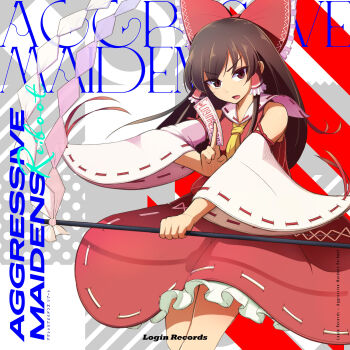 1girl album_cover album_name ascot between_fingers bow brown_eyes brown_hair circle_name commentary_request cover detached_sleeves english_text frilled_bow frilled_hair_tubes frilled_skirt frills gohei hair_bow hair_tubes hakurei_reimu highres holding holding_gohei ishitsubute login_records long_hair looking_at_viewer ofuda ofuda_between_fingers open_mouth red_bow red_skirt ribbon-trimmed_skirt ribbon-trimmed_sleeves ribbon_trim second-party_source skirt skirt_set solo touhou yellow_ascot