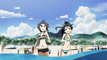 2girls ahoge animated animated_gif antenna_hair aqua_bikini aqua_bow aqua_eyes armpits barefoot beach bike_shorts bikini black_bikini black_hair blurry bow breasts cleavage collarbone dark-skinned_female dark_skin depth_of_field determined diving earrings eyelashes facing_viewer fang fanservice feet female_focus fingernails full_body ganaha_hibiki groin hair_between_eyes hair_ornament high_ponytail highres hoop_earrings idolmaster idolmaster_(classic) jewelry kikuchi_makoto legs legs_together long_hair medium_breasts medium_hair midriff mountainous_horizon multiple_girls namco navel ocean official_alternate_costume official_art outdoors ponytail purple_eyes running running_towards_viewer sidelocks sky smirk spaghetti_strap splashing summer swimsuit thighs toenails toes tomboy very_long_hair wide_ponytail