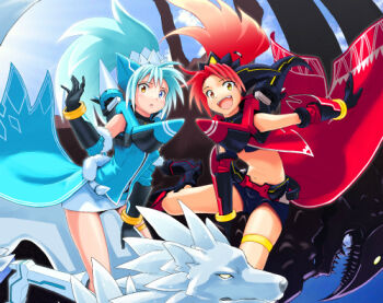 2girls :o aila_(cosmic_break) artist_request blue_eyes bracelet cosmic_break cropped fia_(cosmic_break) gloves heterochromia high_ponytail jewelry long_hair lowres mecha_musume multiple_girls navel official_art open_mouth ponytail short_shorts shorts siblings skirt smile thigh_strap third-party_source wolf yellow_eyes
