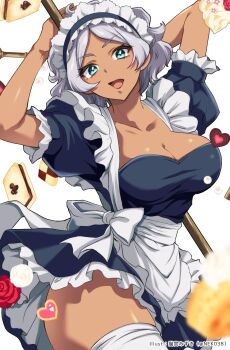 1girl apron arm_behind_head breasts cleavage cookie dark-skinned_female dark_skin dessert food frilled_apron frills green_eyes gundam gundam_suisei_no_majo heart highres icing large_breasts maid maid_headdress narrow_waist nekomiya_mizuki open_mouth secelia_dote shiny_skin side-tie solo thighhighs thighs white_hair white_thighhighs