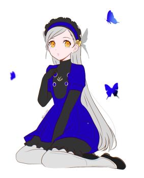 1girl between_legs black_dress black_shoes blue_butterfly blue_dress blue_hairband bug butterfly commentary dress frilled_hairband frills full_body fwt_p00 grey_hair hair_ornament hairband hand_between_legs hand_on_own_chest highres insect lavenza_(persona_5) long_hair looking_at_viewer pantyhose parted_lips persona persona_5 shoes simple_background sitting solo symbol-only_commentary twitter_username two-tone_dress very_long_hair white_background white_pantyhose wing_hair_ornament yellow_eyes yokozuwari