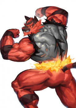 1boy ass back bara broad_shoulders colored_sclera commentary dated_commentary english_commentary flexing furry furry_male gen_7_pokemon green_eyes highres incineroar male_focus muscular muscular_male nintendo pokemon pokemon_(creature) simple_background solo tail thick_arms thighs traver009 veins white_background yellow_sclera