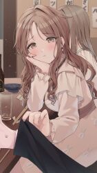 Rule 34 | 1boy, 2girls, :t, aged up, blush, brown eyes, brown hair, clothes pull, commentary request, dress, earrings, elbow on table, frilled dress, frills, hand on own cheek, hand on own face, head rest, highres, ichikawa hinana, idolmaster, idolmaster shiny colors, indoors, jewelry, looking at another, looking at viewer, multiple girls, official alternate costume, parted bangs, pout, pov, producer (idolmaster), shirt pull, solo focus, sweat, upper body, white dress, zyuu a